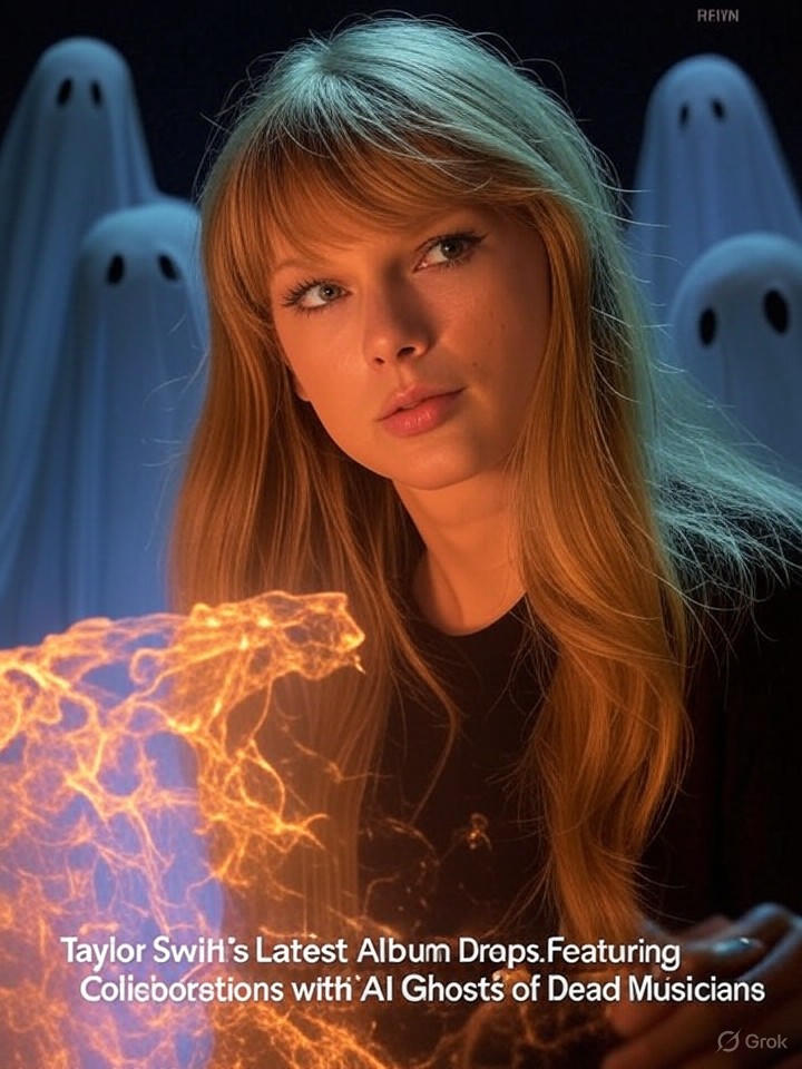 Image for Taylor Swift's Latest Album Drops, Featuring Collaborations with AI Ghosts of Dead Musicians Image that is a representation of Taylor Swift's Latest Album Drops, Featuring Collaborations with AI Ghosts of Dead Musicians
