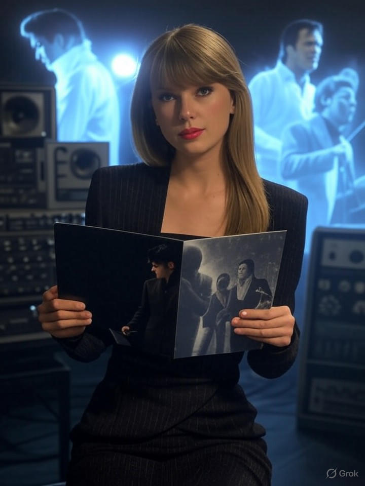 Image for Taylor Swift's Latest Album Drops, Featuring Collaborations with AI Ghosts of Dead Musicians Image that is a representation of Taylor Swift's Latest Album Drops, Featuring Collaborations with AI Ghosts of Dead Musicians