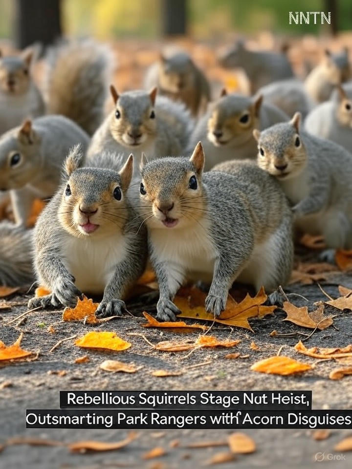 Image that is a representation of Rebellious Squirrels Stage Nut Heist, Outsmarting Park Rangers with Acorn Disguises