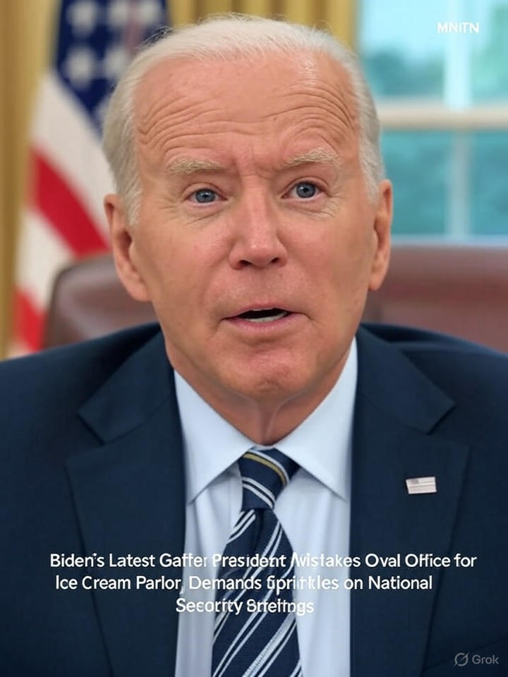 Image that is a representation of Biden's Latest Gaffe: President Mistakes Oval Office for Ice Cream Parlor, Demands Sprinkles on National Security Briefings