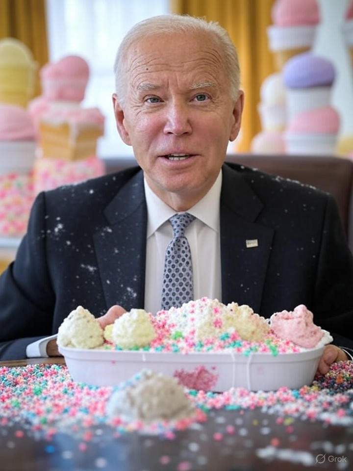 Image that is a representation of Biden's Latest Gaffe: President Mistakes Oval Office for Ice Cream Parlor, Demands Sprinkles on National Security Briefings