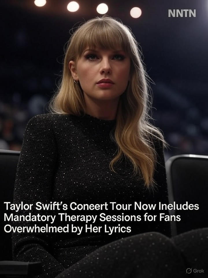 Image for Taylor Swift's Concert Tour Now Includes Mandatory Therapy Sessions for Fans Overwhelmed by Her Lyrics Image that is a representation of Taylor Swift's Concert Tour Now Includes Mandatory Therapy Sessions for Fans Overwhelmed by Her Lyrics