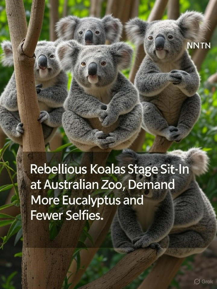 Image that is a representation of Rebellious Koalas Stage Sit-In at Australian Zoo, Demand More Eucalyptus and Fewer Selfies