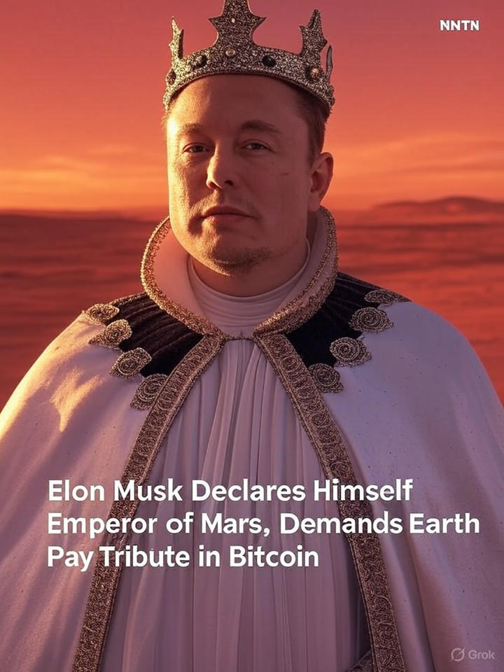 Image that is a representation of Elon Musk Declares Himself Emperor of Mars, Demands Earth Pay Tribute in Bitcoin