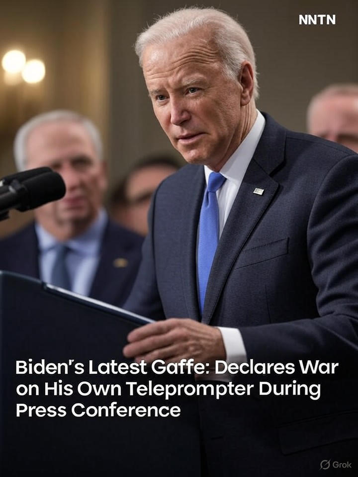 Image that is a representation of Biden's Latest Gaffe: Declares War on His Own Teleprompter During Press Conference