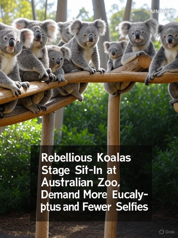 Image that is a representation of Rebellious Koalas Stage Sit-In at Australian Zoo, Demand More Eucalyptus and Fewer Selfies