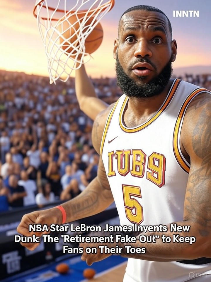 Image for NBA Star LeBron James Invents New Dunk: The 'Retirement Fake-Out' to Keep Fans on Their Toes Image that is a representation of NBA Star LeBron James Invents New Dunk: The 'Retirement Fake-Out' to Keep Fans on Their Toes