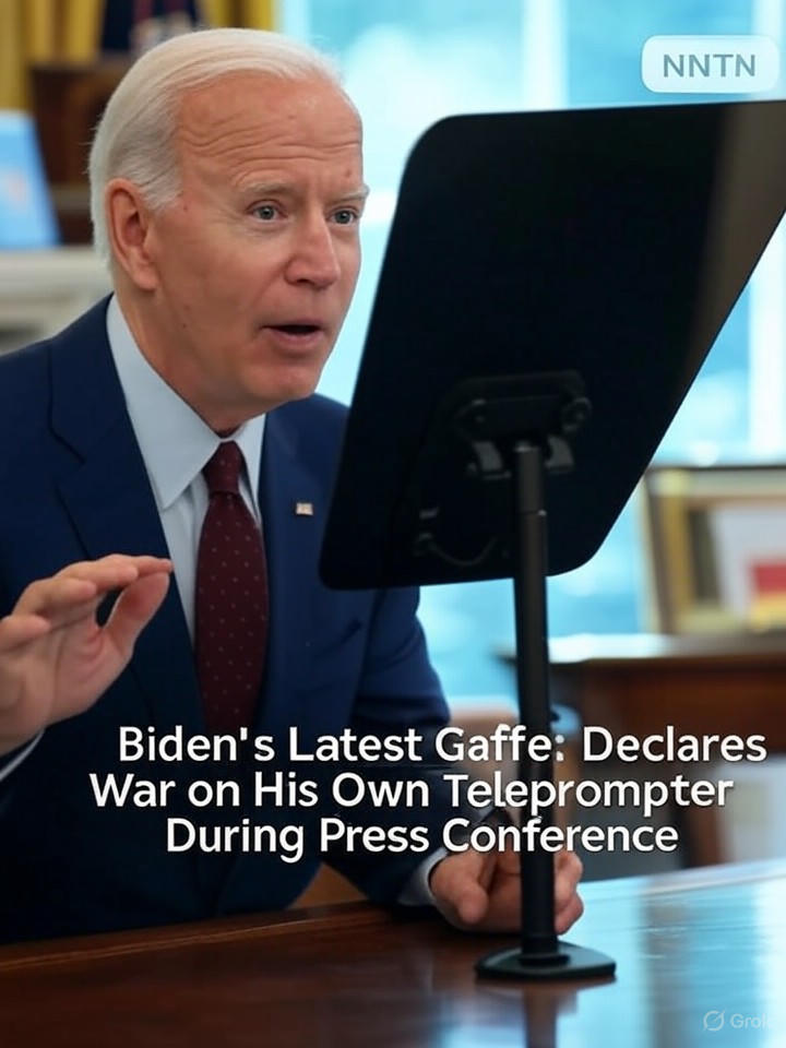 Image that is a representation of Biden's Latest Gaffe: Declares War on His Own Teleprompter During Press Conference