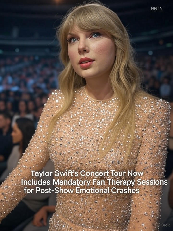 Image for Taylor Swift's Concert Tour Now Includes Mandatory Fan Therapy Sessions for Post-Show Emotional Crashes Image that is a representation of Taylor Swift's Concert Tour Now Includes Mandatory Fan Therapy Sessions for Post-Show Emotional Crashes