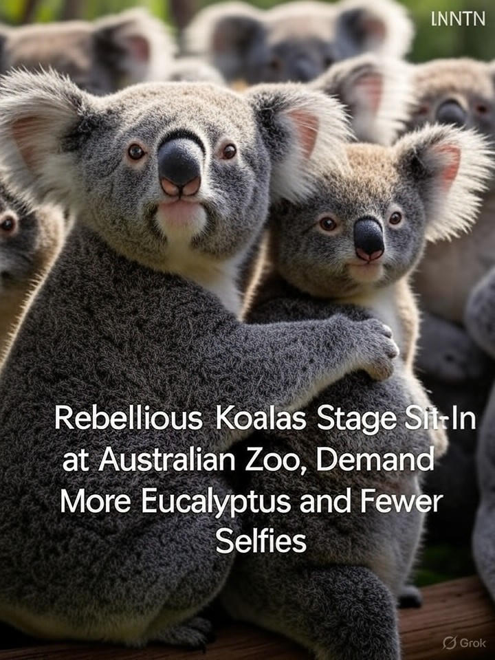 Image that is a representation of Rebellious Koalas Stage Sit-In at Australian Zoo, Demand More Eucalyptus and Fewer Selfies