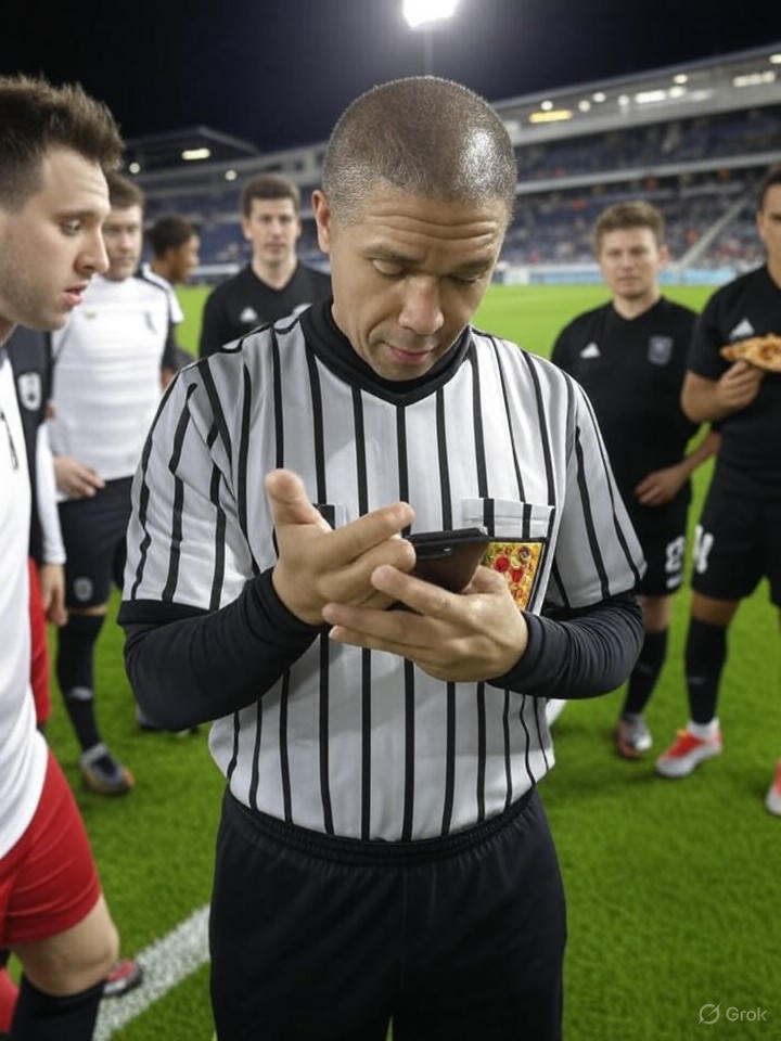 Image that is a representation of Soccer Ref Accidentally Orders Pizza Instead of Calling Penalty—Players Pause Match for Toppings Debate