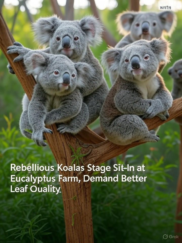 Image that is a representation of Rebellious Koalas Stage Sit-In at Eucalyptus Farm, Demand Better Leaf Quality