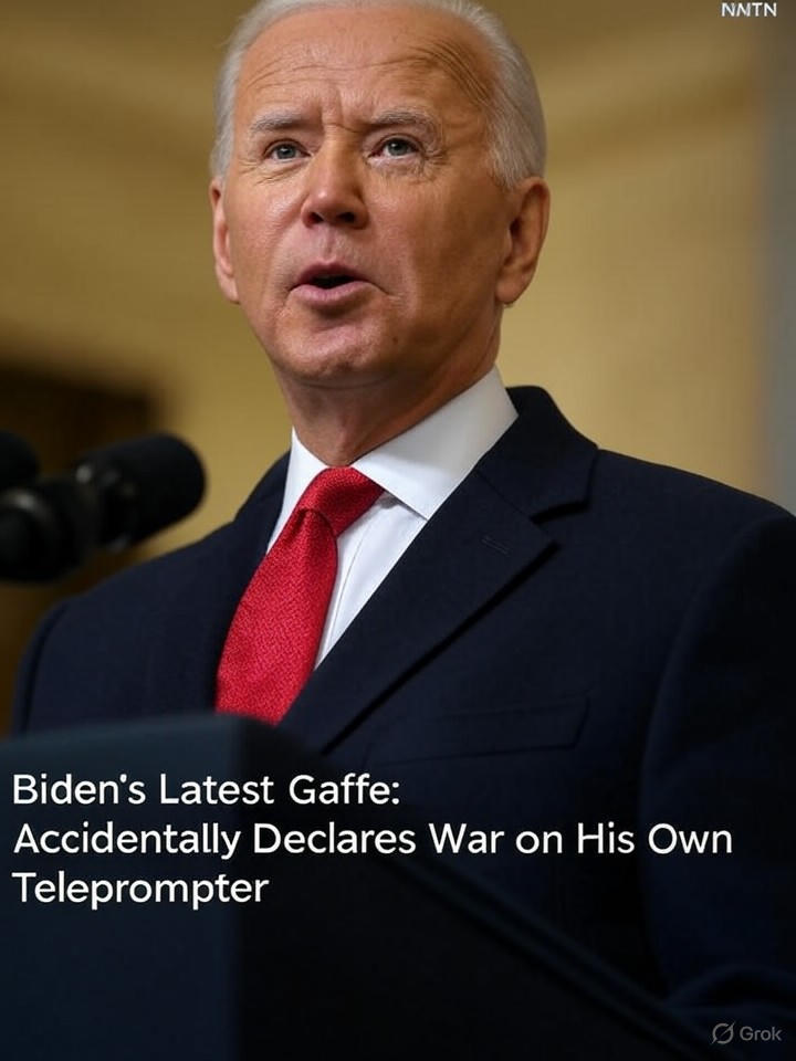 Image that is a representation of Biden's Latest Gaffe: Accidentally Declares War on His Own Teleprompter