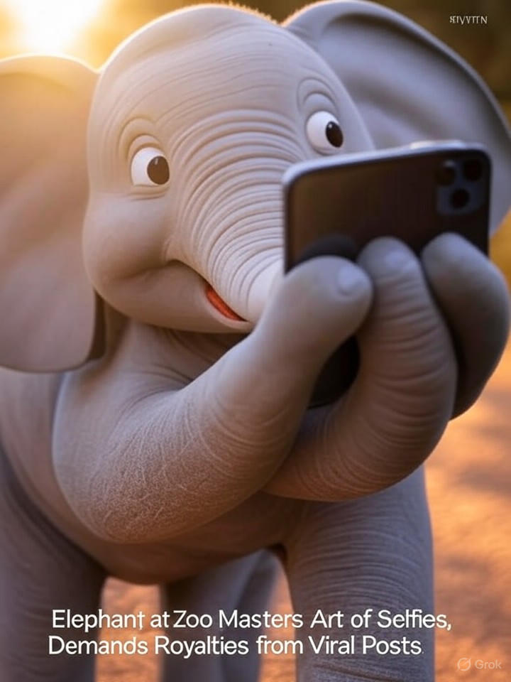 Image that is a representation of Elephant at Zoo Masters Art of Selfies, Demands Royalties from Viral Posts