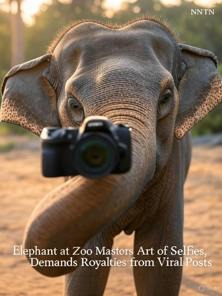 Image that is a representation of Elephant at Zoo Masters Art of Selfies, Demands Royalties from Viral Posts