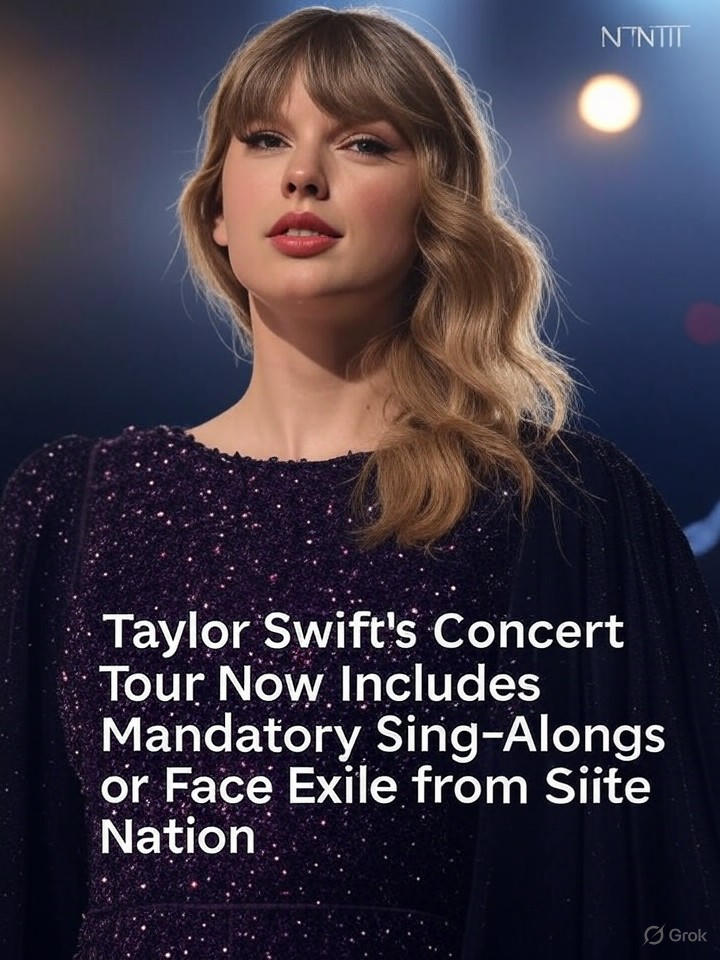 Image for Taylor Swift's Concert Tour Now Includes Mandatory Sing-Alongs or Face Exile from Swiftie Nation Image that is a representation of Taylor Swift's Concert Tour Now Includes Mandatory Sing-Alongs or Face Exile from Swiftie Nation