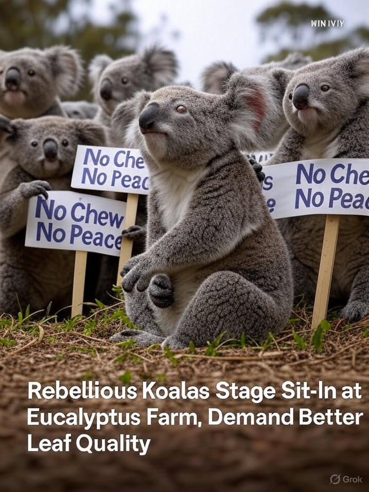 Image that is a representation of Rebellious Koalas Stage Sit-In at Eucalyptus Farm, Demand Better Leaf Quality