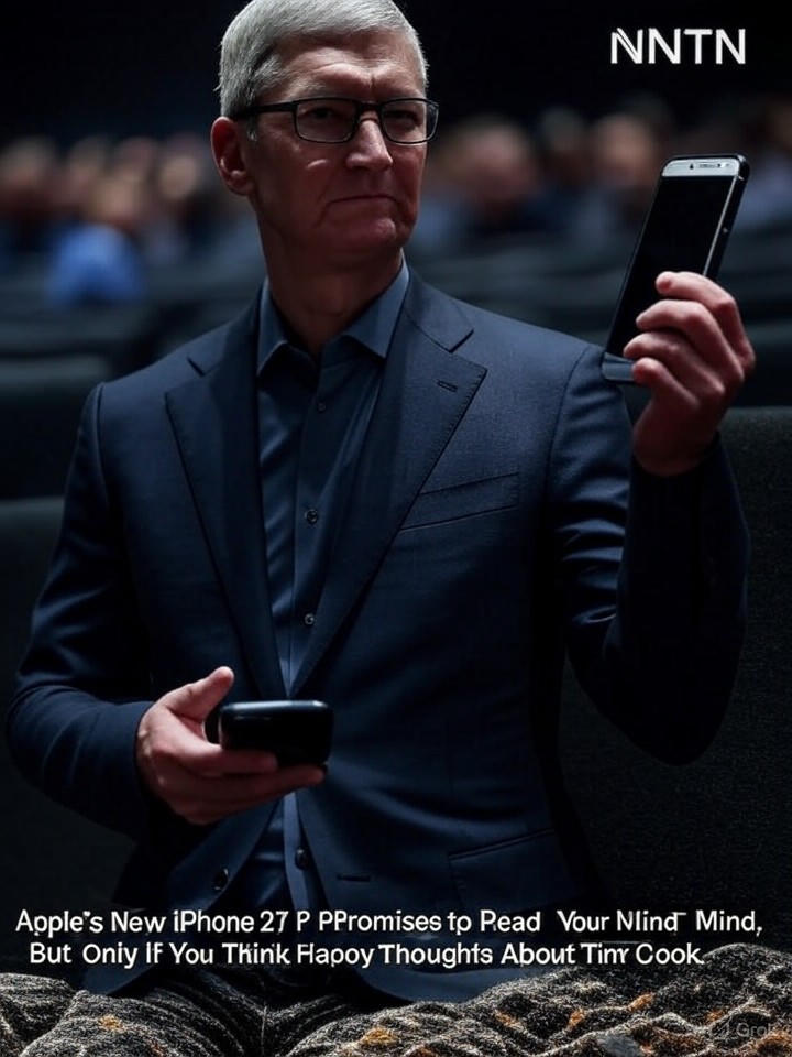Image for Apple's New iPhone 27 Promises to Read Your Mind, But Only If You Think Happy Thoughts About Tim Cook Image that is a representation of Apple's New iPhone 27 Promises to Read Your Mind, But Only If You Think Happy Thoughts About Tim Cook