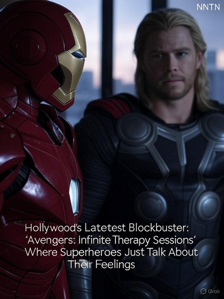 Image for Hollywood's Latest Blockbuster: 'Avengers: Infinite Therapy Sessions' Where Superheroes Just Talk About Their Feelings Image that is a representation of Hollywood's Latest Blockbuster: 'Avengers: Infinite Therapy Sessions' Where Superheroes Just Talk About Their Feelings