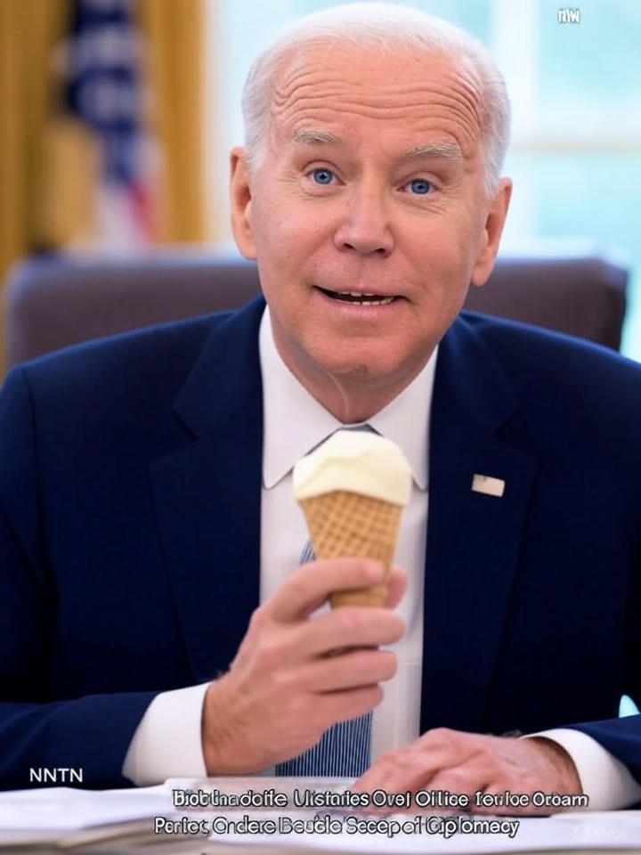 Image that is a representation of Biden's Latest Gaffe: Mistakes Oval Office for Ice Cream Parlor, Orders Double Scoop of Diplomacy