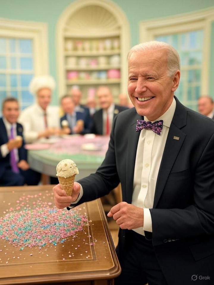 Image that is a representation of Biden's Latest Gaffe: Mistakes Oval Office for Ice Cream Parlor, Orders Double Scoop of Diplomacy