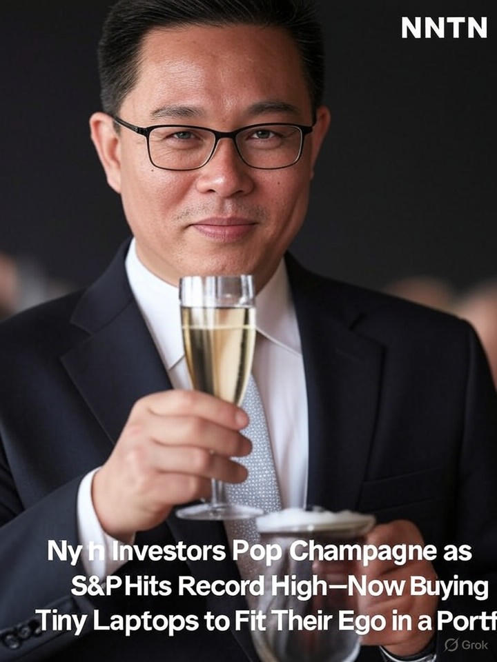 Image that is a representation of Tech Investors Pop Champagne as S&P Hits Record High—Now Buying Tiny Laptops to Fit Their Ego in a Portfolio