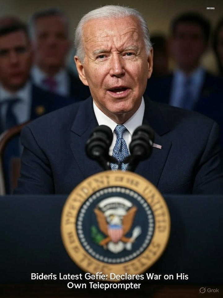 Image that is a representation of Biden's Latest Gaffe: Declares War on His Own Teleprompter