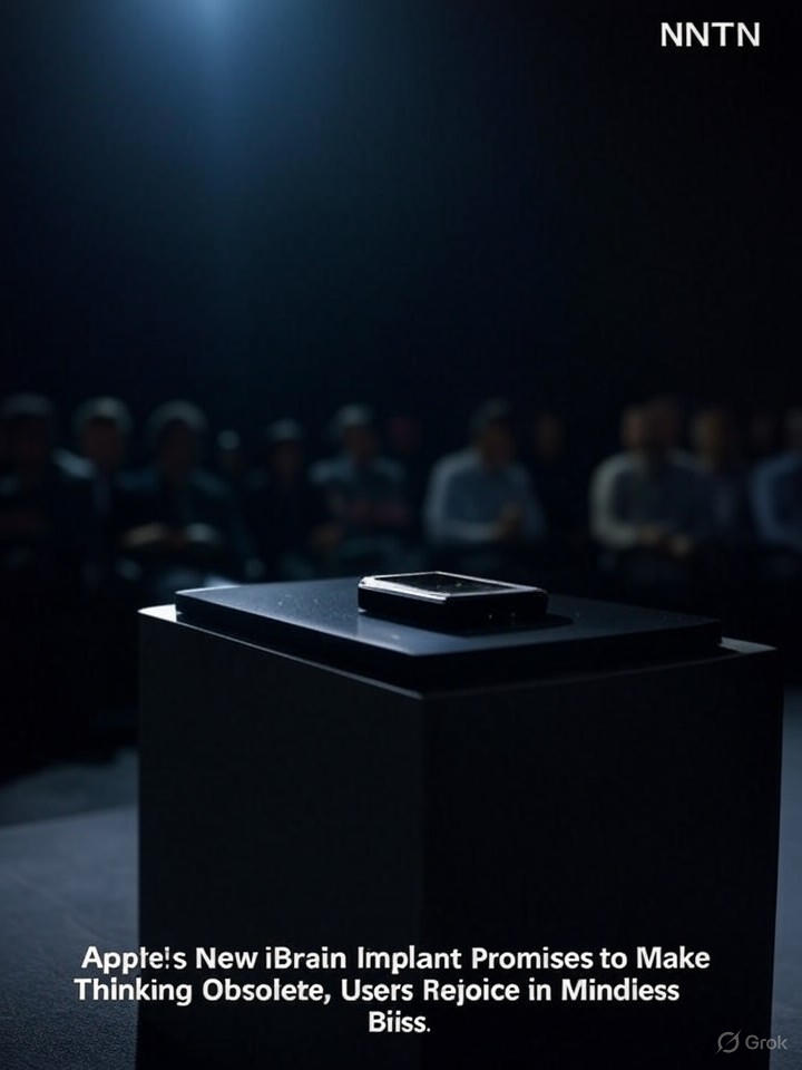 Image for Apple's New iBrain Implant Promises to Make Thinking Obsolete, Users Rejoice in Mindless Bliss Image that is a representation of Apple's New iBrain Implant Promises to Make Thinking Obsolete, Users Rejoice in Mindless Bliss