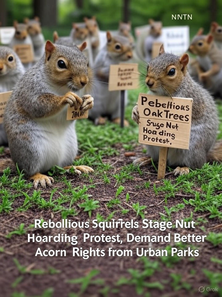 Image that is a representation of Rebellious Squirrels Stage Nut Hoarding Protest, Demand Better Acorn Rights from Urban Parks