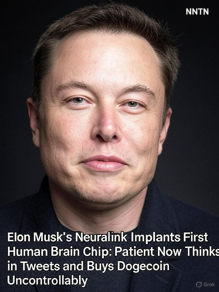 Image that is a representation of Elon Musk's Neuralink Implants First Human Brain Chip: Patient Now Thinks in Tweets and Buys Dogecoin Uncontrollably