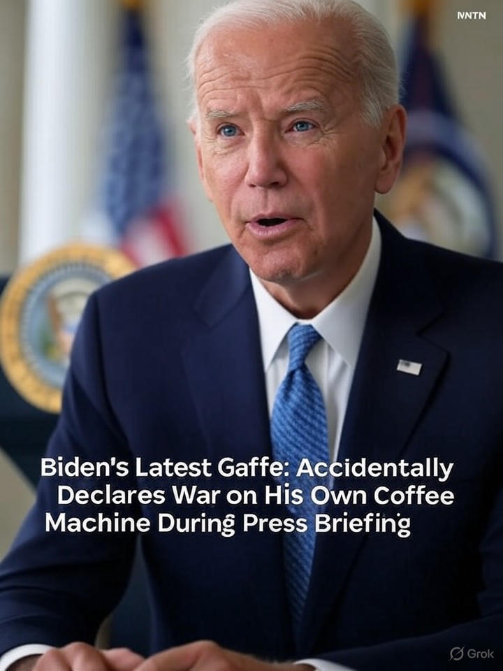 Image that is a representation of Biden's Latest Gaffe: Accidentally Declares War on His Own Coffee Machine During Press Briefing