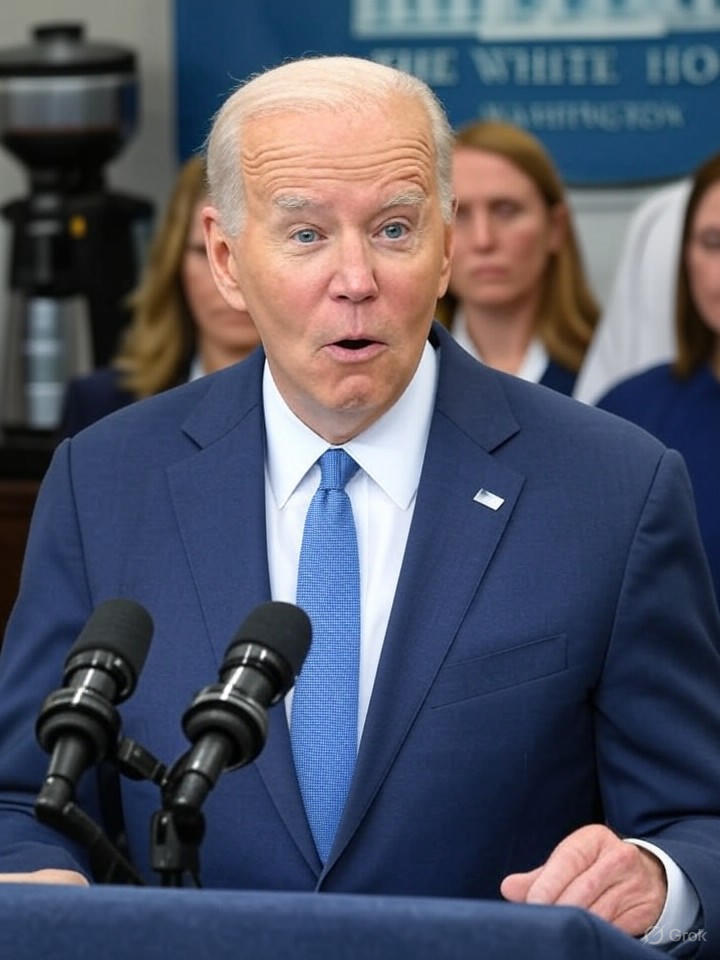 Image that is a representation of Biden's Latest Gaffe: Accidentally Declares War on His Own Coffee Machine During Press Briefing