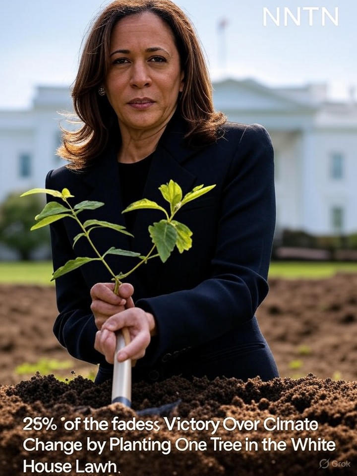 Image for President Harris Declares Victory Over Climate Change by Planting One Tree in the White House Lawn Image that is a representation of President Harris Declares Victory Over Climate Change by Planting One Tree in the White House Lawn