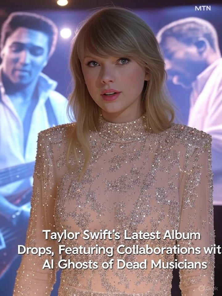 Image for Taylor Swift's Latest Album Drops, Featuring Collaborations with AI Ghosts of Dead Musicians Image that is a representation of Taylor Swift's Latest Album Drops, Featuring Collaborations with AI Ghosts of Dead Musicians