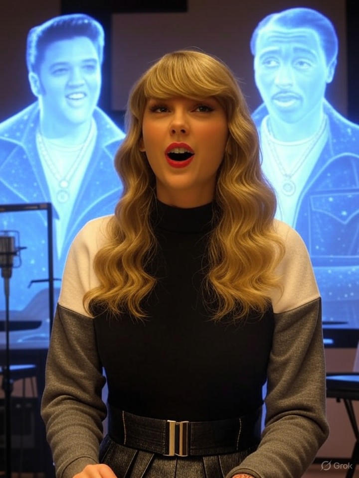 Image for Taylor Swift's Latest Album Drops, Featuring Collaborations with AI Ghosts of Dead Musicians Image that is a representation of Taylor Swift's Latest Album Drops, Featuring Collaborations with AI Ghosts of Dead Musicians