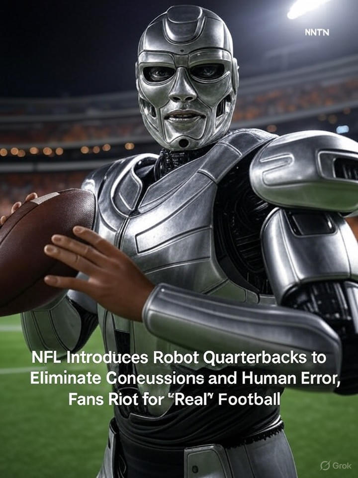 Image for NFL Introduces Robot Quarterbacks to Eliminate Concussions and Human Error, Fans Riot for 'Real' Football Image that is a representation of NFL Introduces Robot Quarterbacks to Eliminate Concussions and Human Error, Fans Riot for 'Real' Football