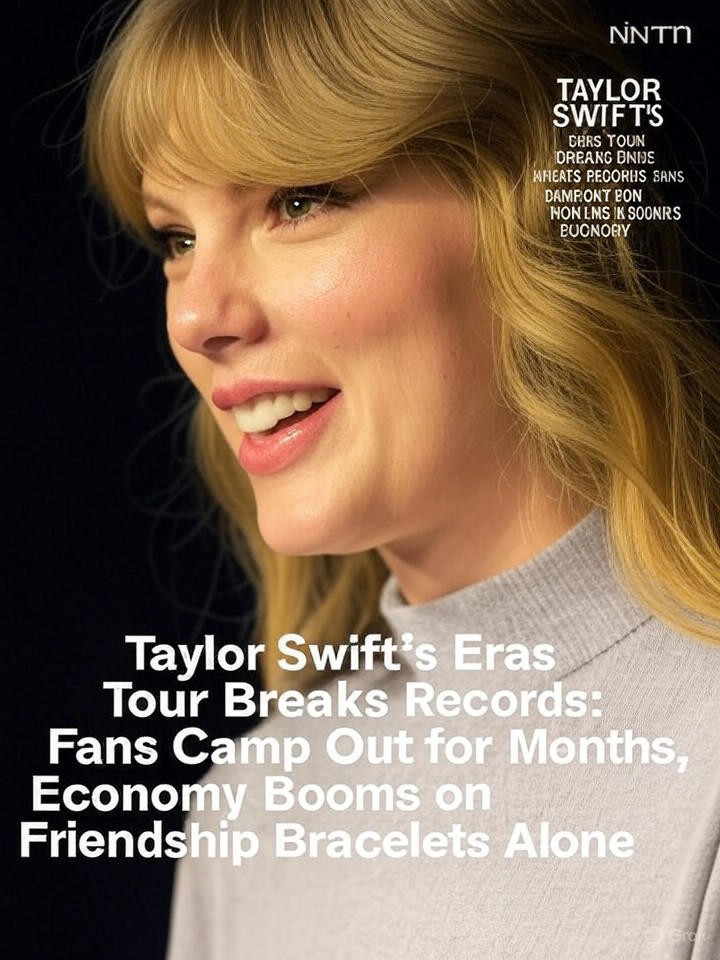 Image that is a representation of Taylor Swift's Eras Tour Breaks Records: Fans Camp Out for Months, Economy Booms on Friendship Bracelets Alone