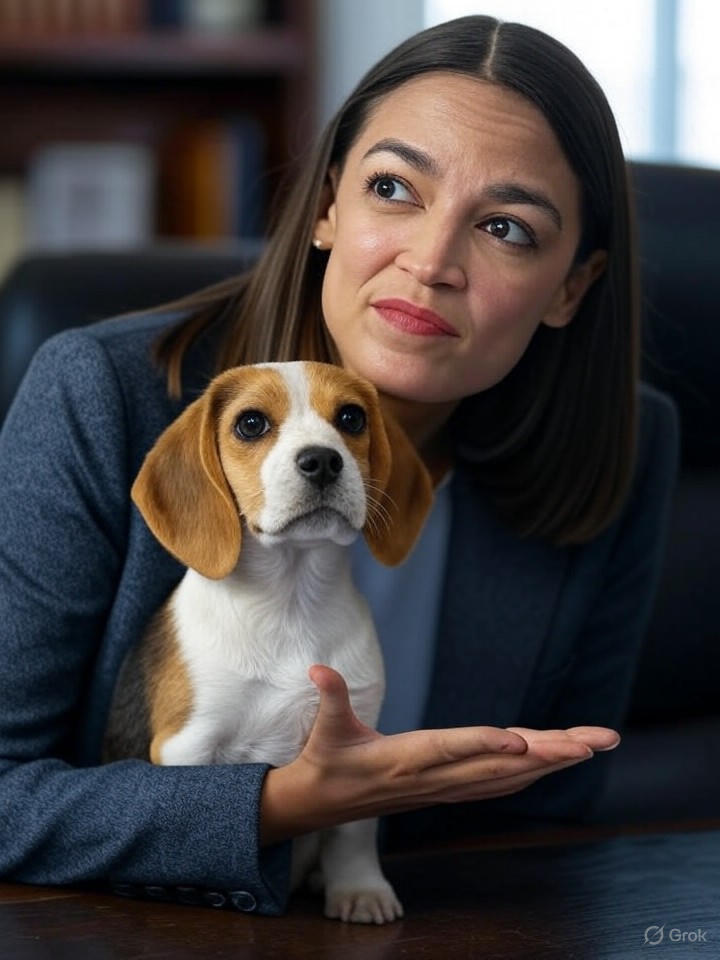 Image that is a representation of AOC Faces Off in Epic Staring Contest Against Local Puppy: Who's Cutest?
