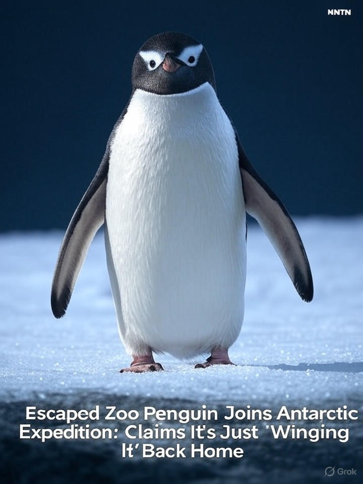 Image that is a representation of Escaped Zoo Penguin Joins Antarctic Expedition: Claims It's Just 'Winging It' Back Home