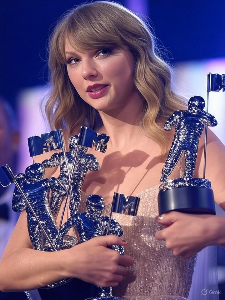 Image that is a representation of Taylor Swift Sweeps VMAs, Leaves Room for One More Award in Her Carry-On