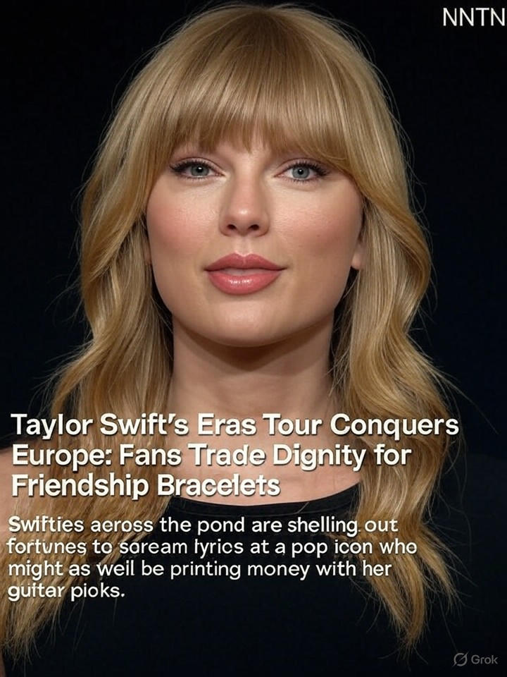 Image that is a representation of Taylor Swift's Eras Tour Conquers Europe: Fans Trade Dignity for Friendship Bracelets