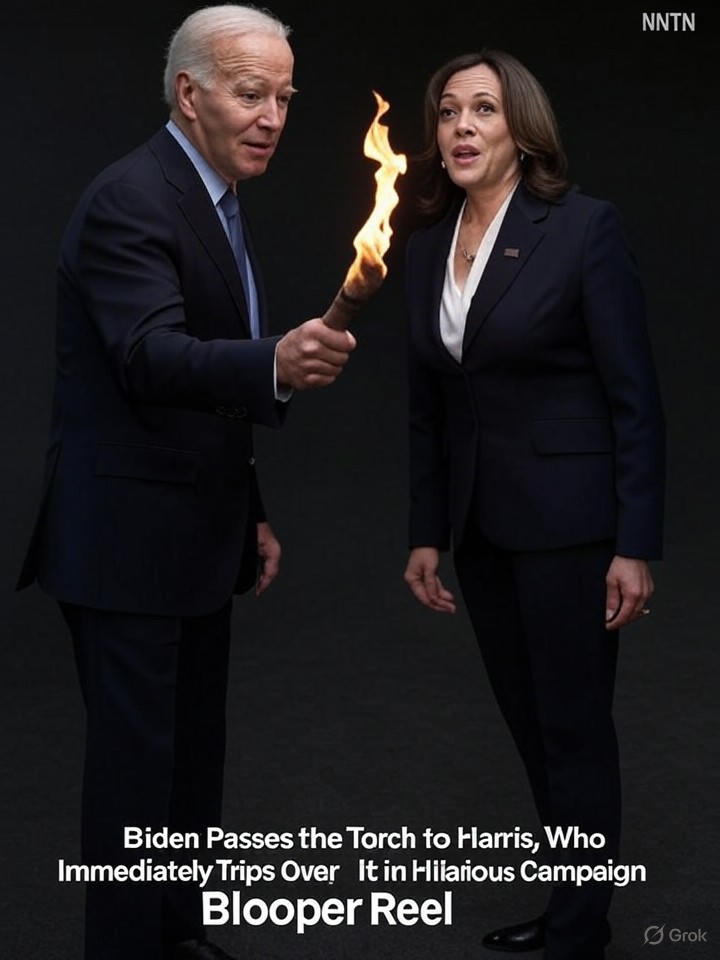 Image that is a representation of Biden Passes the Torch to Harris, Who Immediately Trips Over It in Hilarious Campaign Blooper Reel