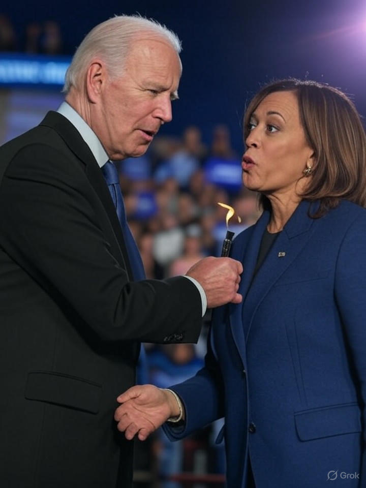 Image that is a representation of Biden Passes the Torch to Harris, Who Immediately Trips Over It in Hilarious Campaign Blooper Reel