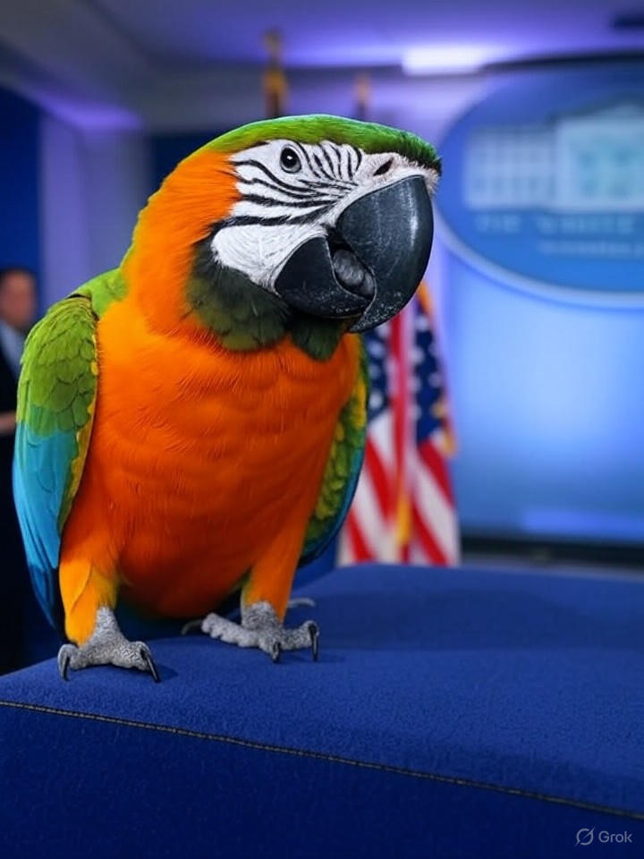 Image that is a representation of Polly Wants a Press Pass: President's Parrot Takes Over White House Briefings