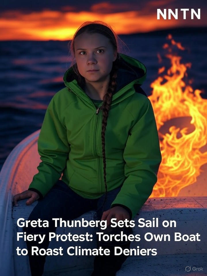 Image that is a representation of Greta Thunberg Sets Sail on Fiery Protest: Torches Own Boat to Roast Climate Deniers