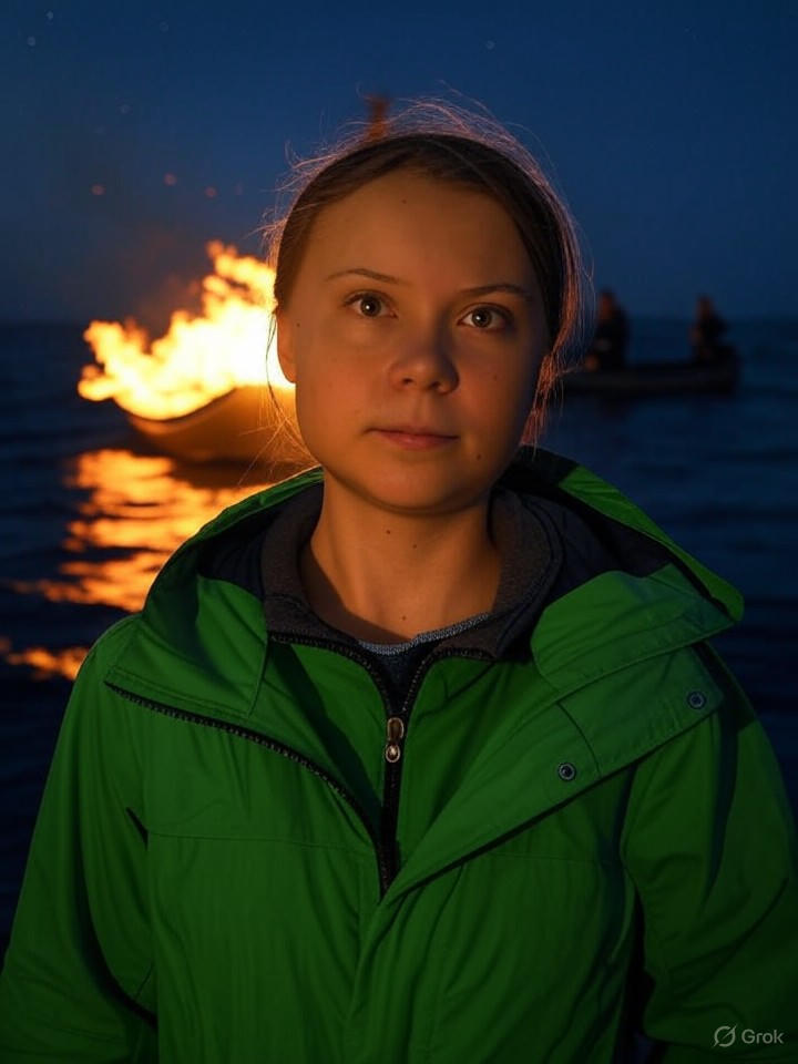 Image that is a representation of Greta Thunberg Sets Sail on Fiery Protest: Torches Own Boat to Roast Climate Deniers