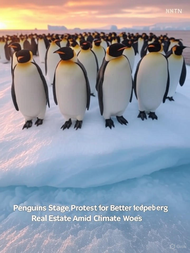 Image that is a representation of Penguins Stage Protest for Better Iceberg Real Estate Amid Climate Woes