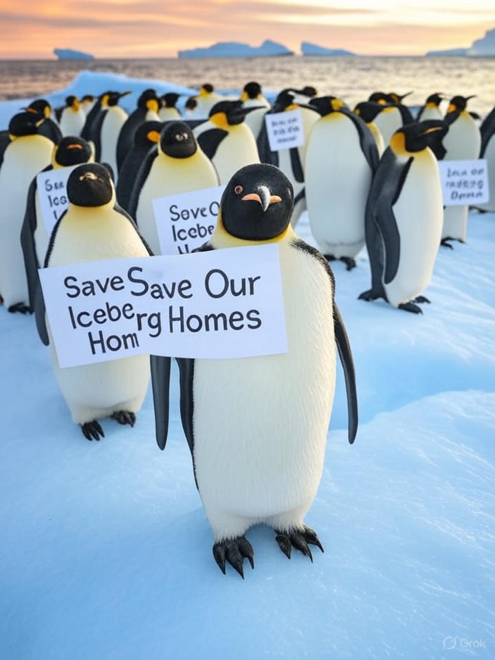 Image that is a representation of Penguins Stage Protest for Better Iceberg Real Estate Amid Climate Woes