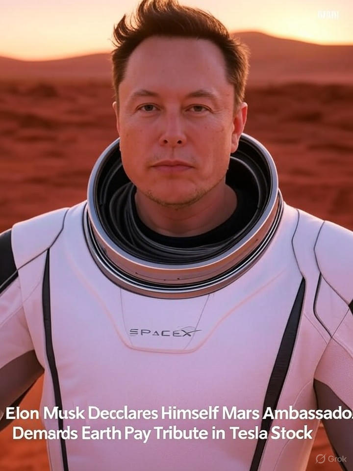 Image that is a representation of Elon Musk Declares Himself Mars Ambassador, Demands Earth Pay Tribute in Tesla Stock