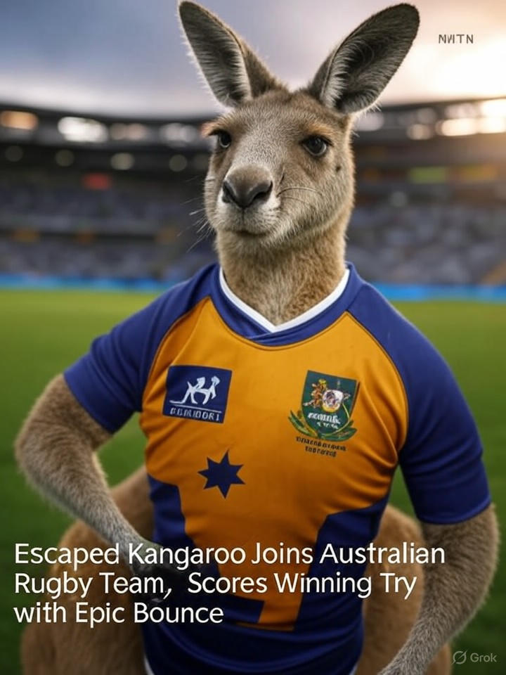 Image that is a representation of Escaped Kangaroo Joins Australian Rugby Team, Scores Winning Try with Epic Bounce